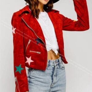 Olivaceous Red Moto Jacket with Multi-color Star Patches